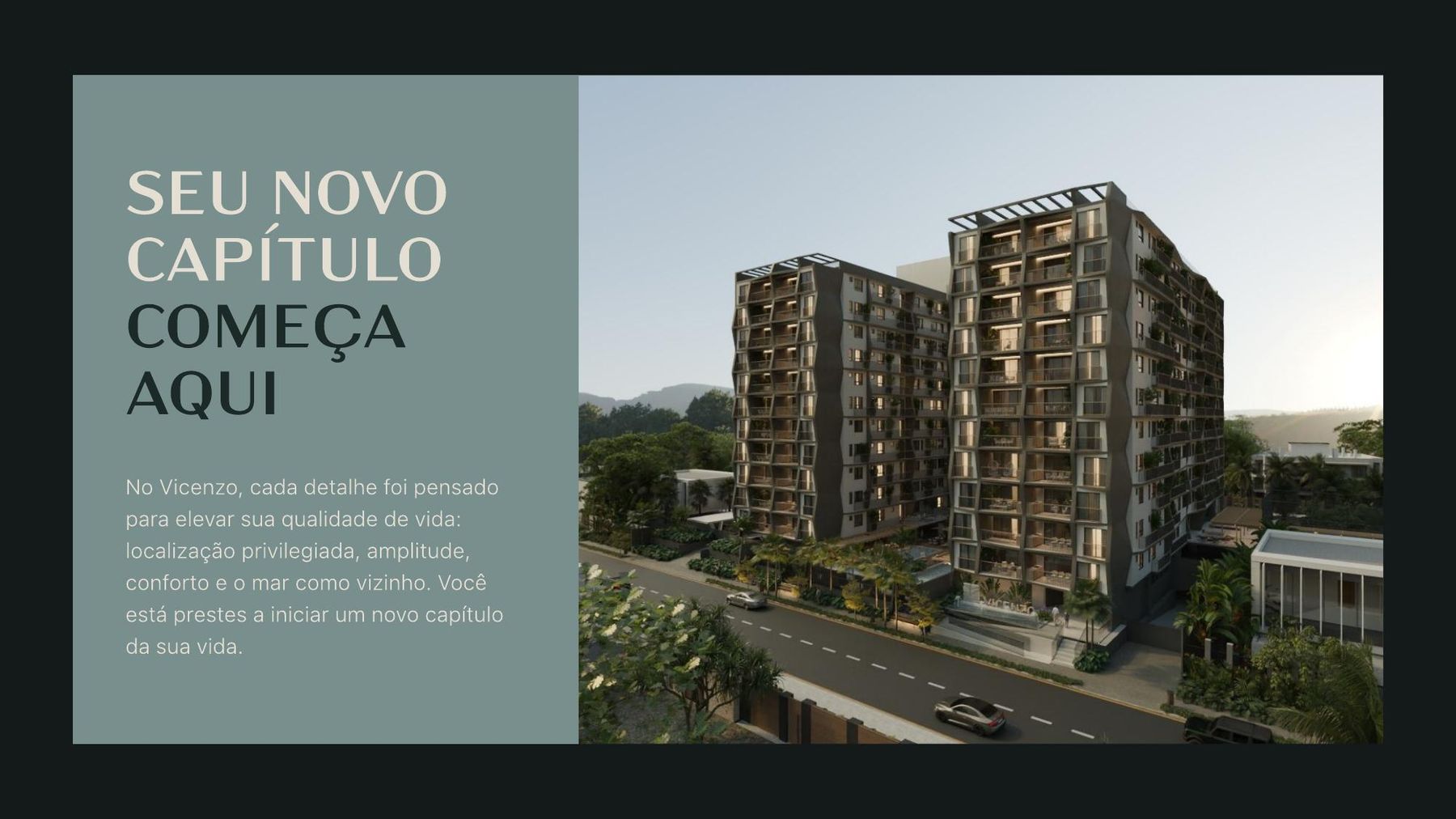 Fachada do Vicenzo Residencial ao entardecer, com jardins e acesso principal