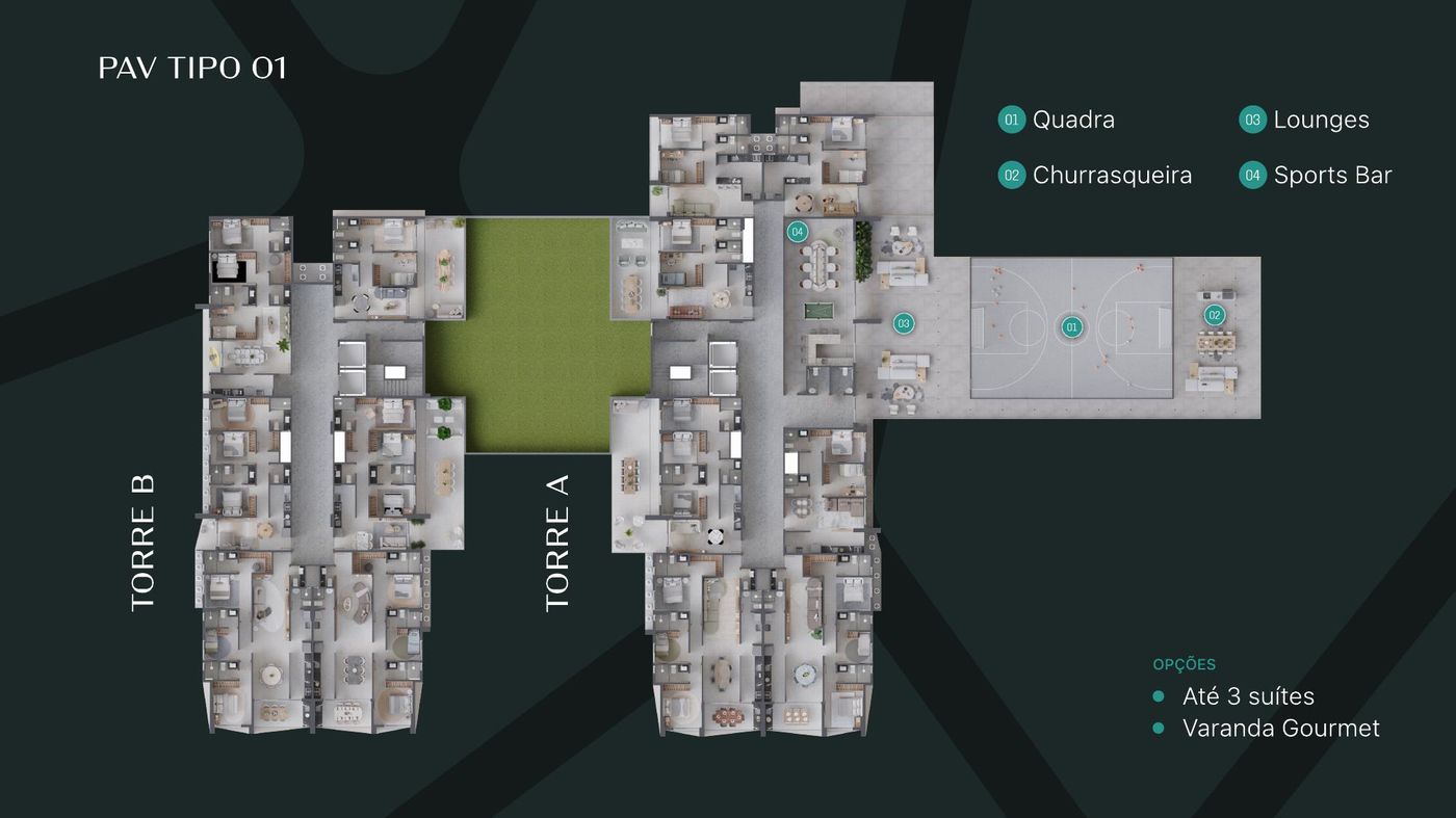 Planta do pavimento tipo 1 do Vicenzo Residencial, com o pavimento de lazer